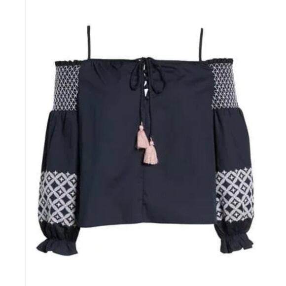 Rebecca Minkoff Off the Shoulder navy Embroidered smocked Peasant Top Boho XL - Picture 2 of 16
